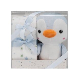 Mantita celeste personalizada + Peluche pinguino