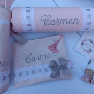 SET CANASTILLA BEBE POLIPIEL ROSA CON GRIS