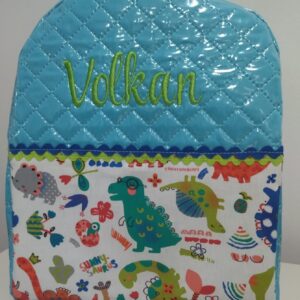 MOCHILA PLASTIFICADA PERSONALIZADA COLOR TURQUESA CON MOTIVOS DINOSAURIOS