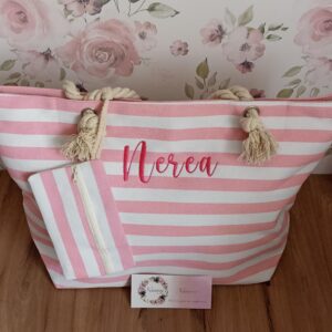BOLSO PLAYA RAYAS ROSA Y BLANCO PERSONALIZADO