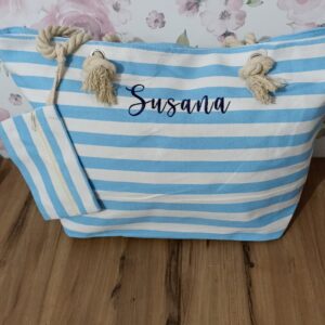 BOLSO PLAYA RAYAS CELESTE Y BLANCO PERSONALIZADO