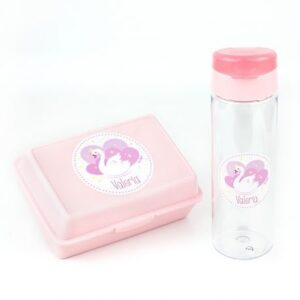 Pack Botella 600ml + Cajita Porta Alimentos Cisne Rosa personalizadas
