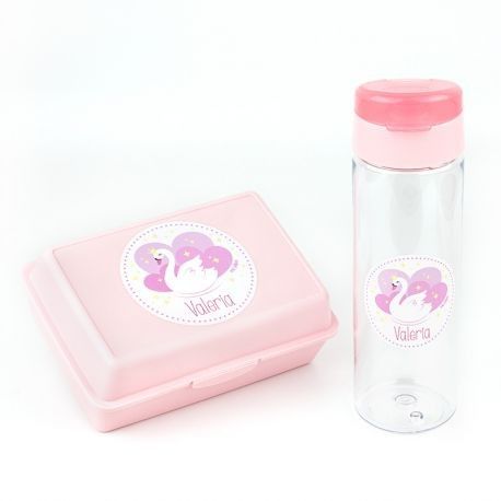 Pack Botella 600ml + Cajita Porta Alimentos Cisne Rosa personalizadas