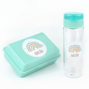 Pack Botella 600ml + Cajita Porta Alimentos Arcoíris Soft Menta personalizadas