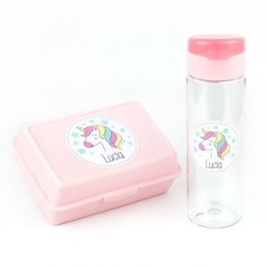 Pack Botella 600ml + Cajita Porta Alimentos Unicornio Rosa personalizadas